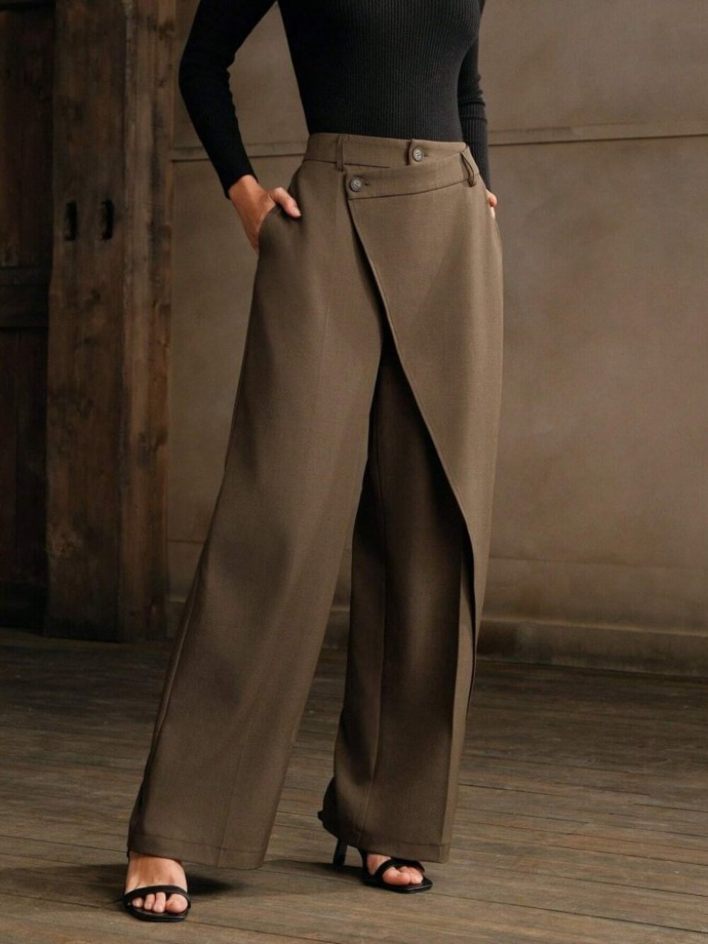 Brown Woven Faux Wrap Front Double Button Wide Leg Trousers